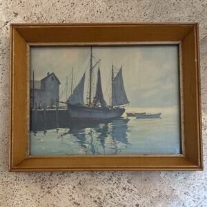 Vintage MCM C. Moss Wood Framed Maritime Nautical Ship Print Seascape 1947